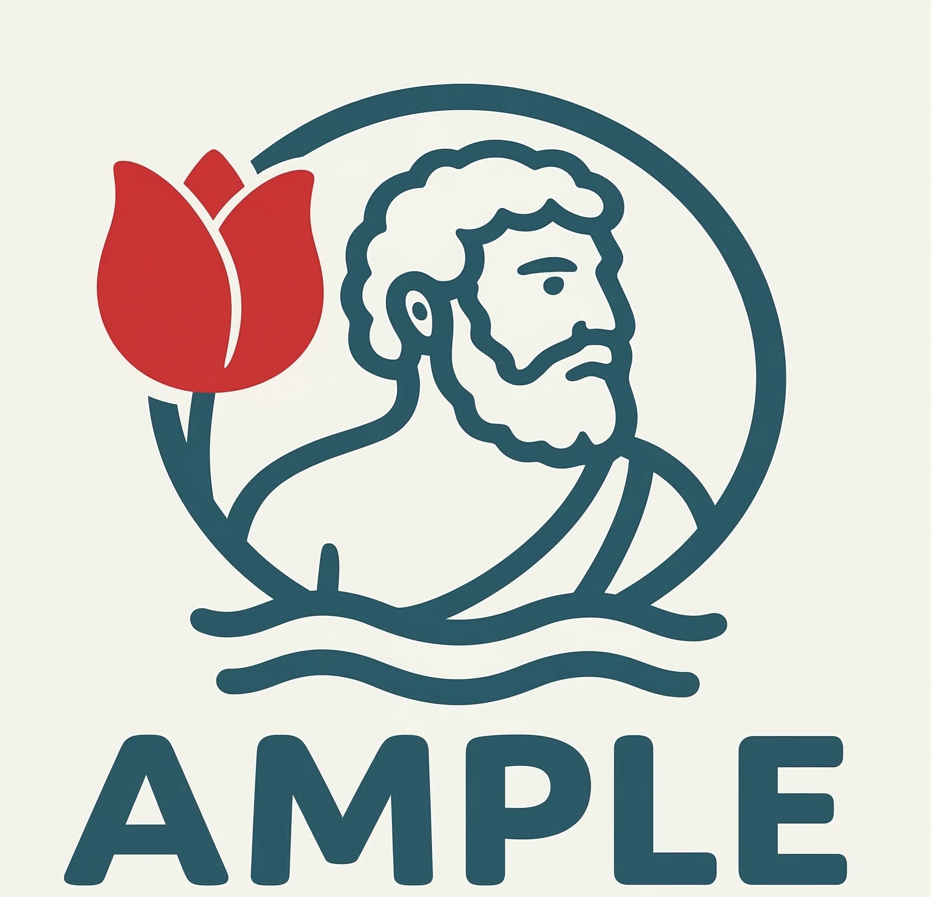 Logotip amb el bust d'un home barbut de perfil dins d'un marc circular, amb una tulipa vermella a l'esquerra i unes onades a sota. La paraula "AMPLE" apareix en lletres negretes grans, amb el text "Associació Parkinson L’Escala" a sota.