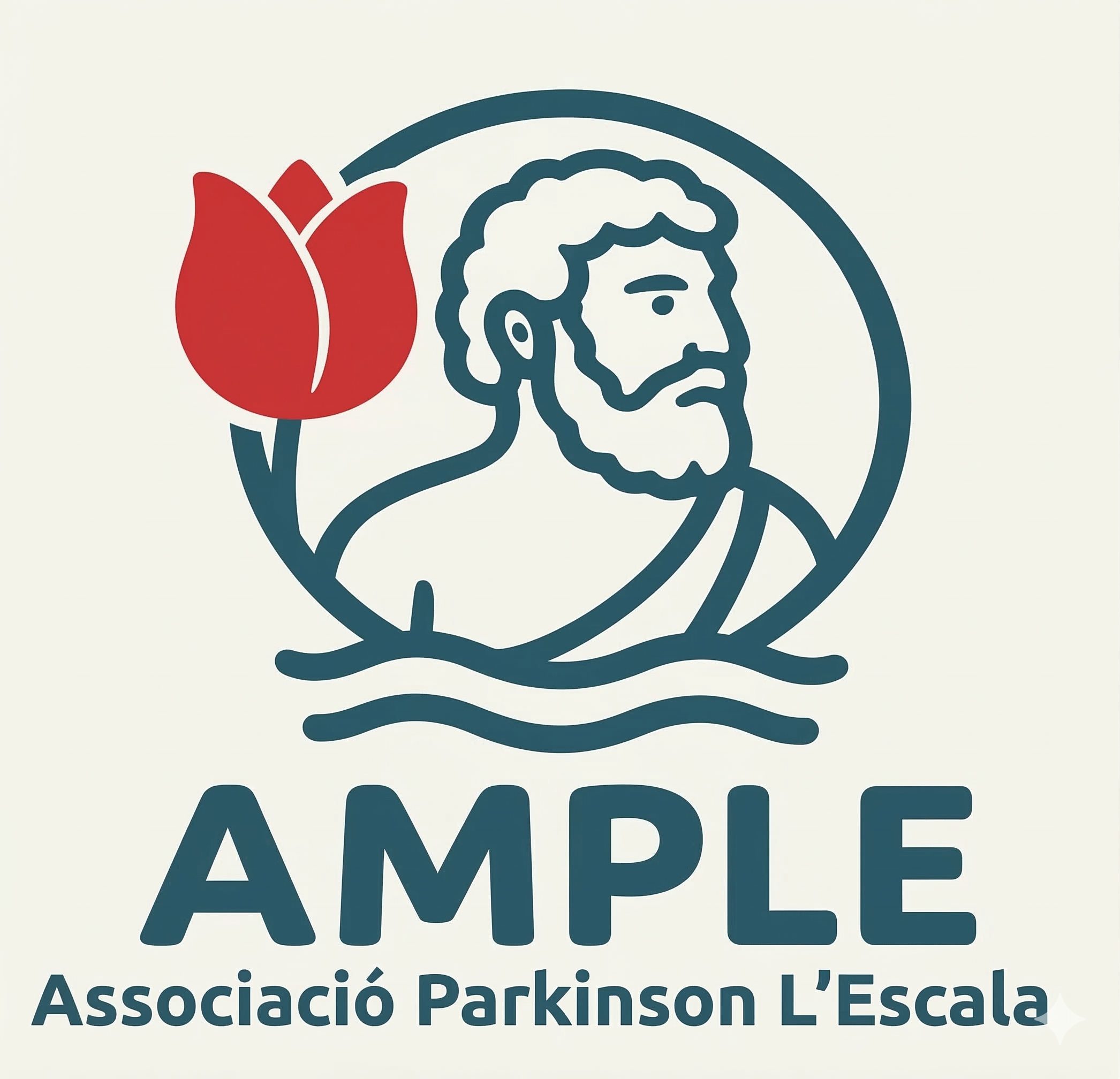 Logotip amb el bust d'un home barbut de perfil dins d'un marc circular, amb una tulipa vermella a l'esquerra i unes onades a sota. La paraula "AMPLE" apareix en lletres negretes grans, amb el text "Associació Parkinson L’Escala" a sota.